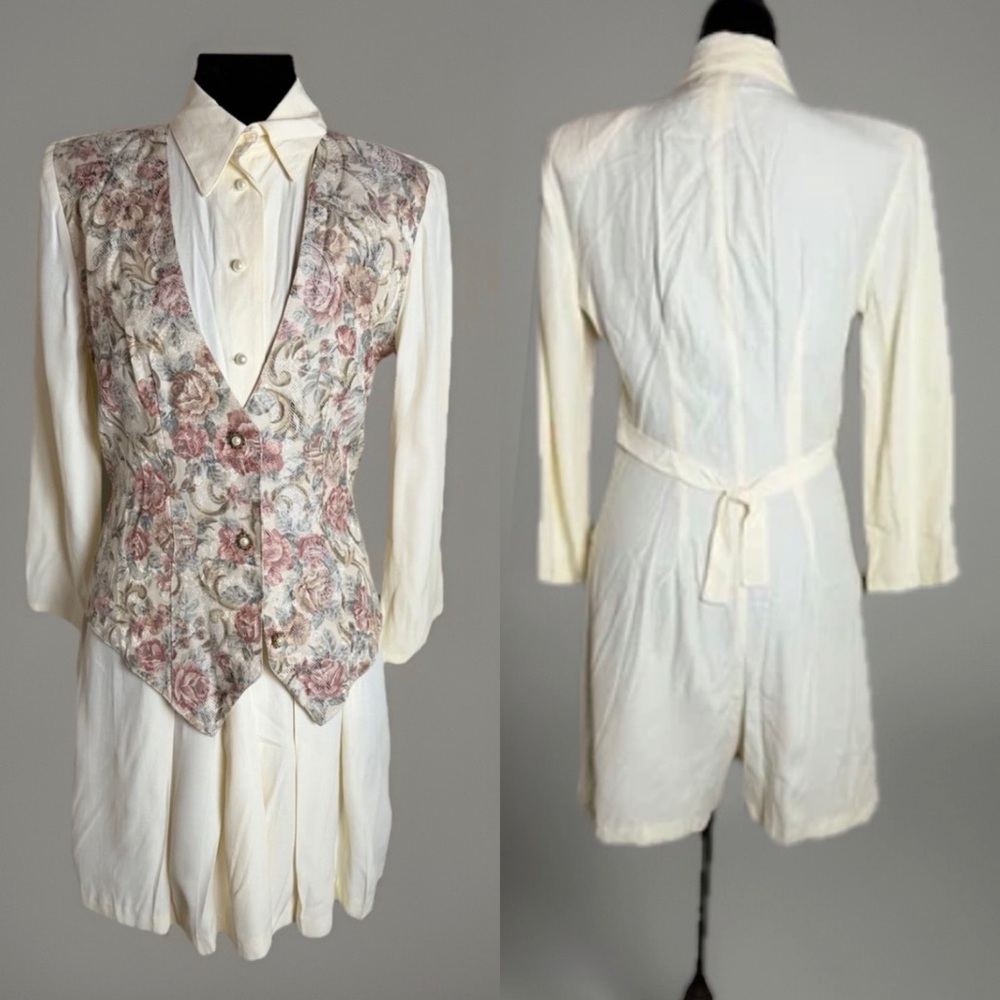 Vintage 90s AOLIB Floral Tapestry Vest Romper Cottagecore Prairie Cream Size3